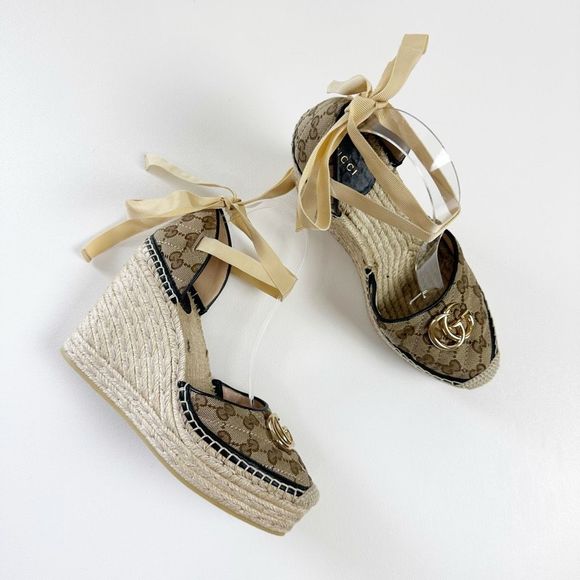Gucci Shoes - GUCCI Matelassé Platform Espadrilles Quilted Brown Guccisima Monogram Wedge